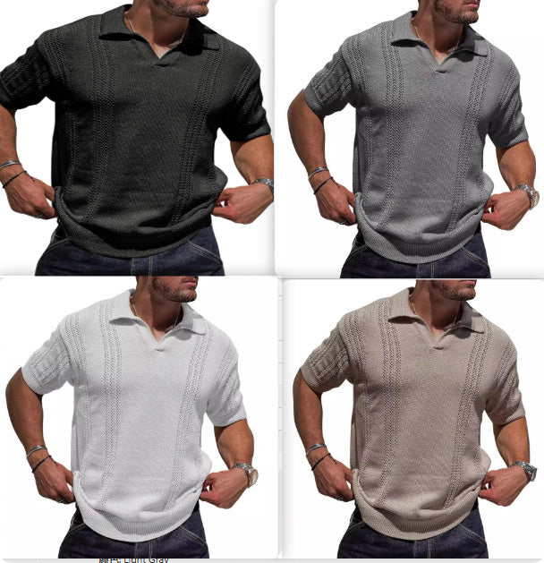 European And American Fashion Men's Knitted Polo Shirt Short Sleeve V-neck Hollow